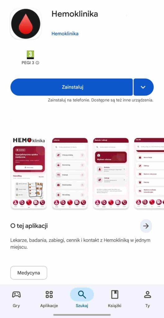 Krok 1 instalacji aplikacji Hemoklinika – przycisk Zainstaluj w Google Play