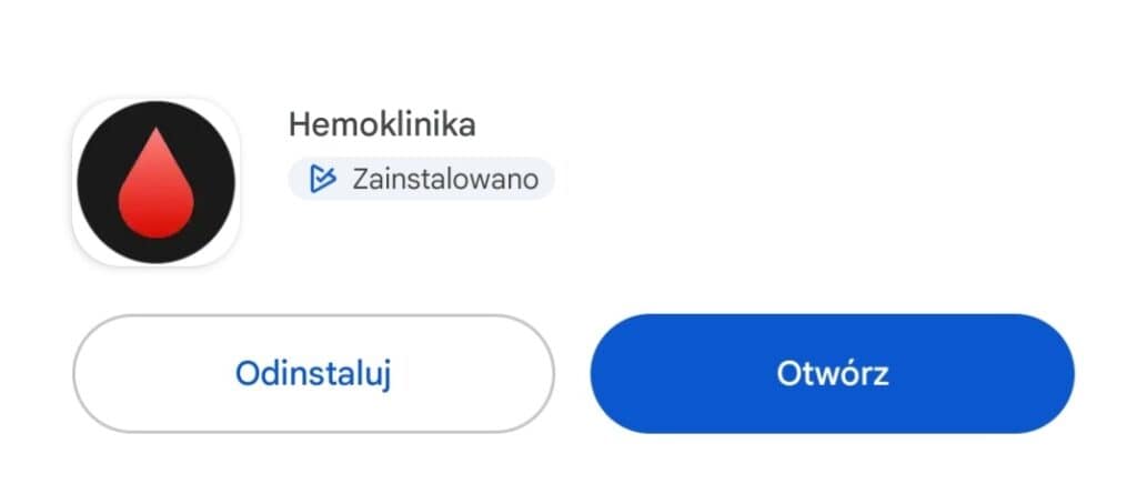 Krok 2 instalacji aplikacji Hemoklinika – przycisk Otwórz po zakończeniu instalacji