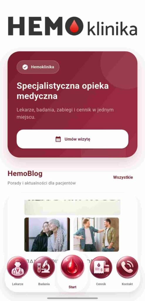 Ekran Start aplikacji Hemoklinika z dostępem do wizyty i HemoBlogu