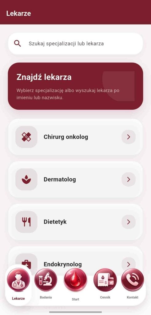 Zakładka Lekarze w aplikacji Hemoklinika z listą specjalizacji