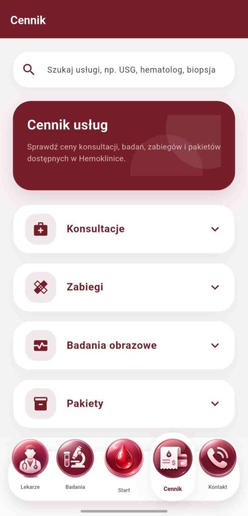 Zakładka Cennik w aplikacji Hemoklinika z kategoriami usług