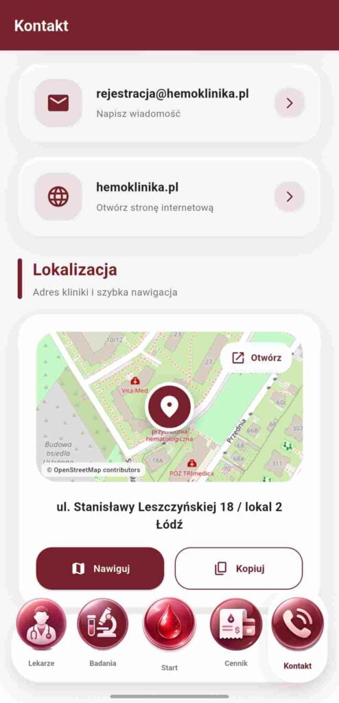 Zakładka Kontakt w aplikacji Hemoklinika z adresem i nawigacją